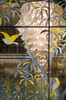 Mirrored wardrobe detail with etched gold leaf design of birds and plants with feature candelabra in reflection