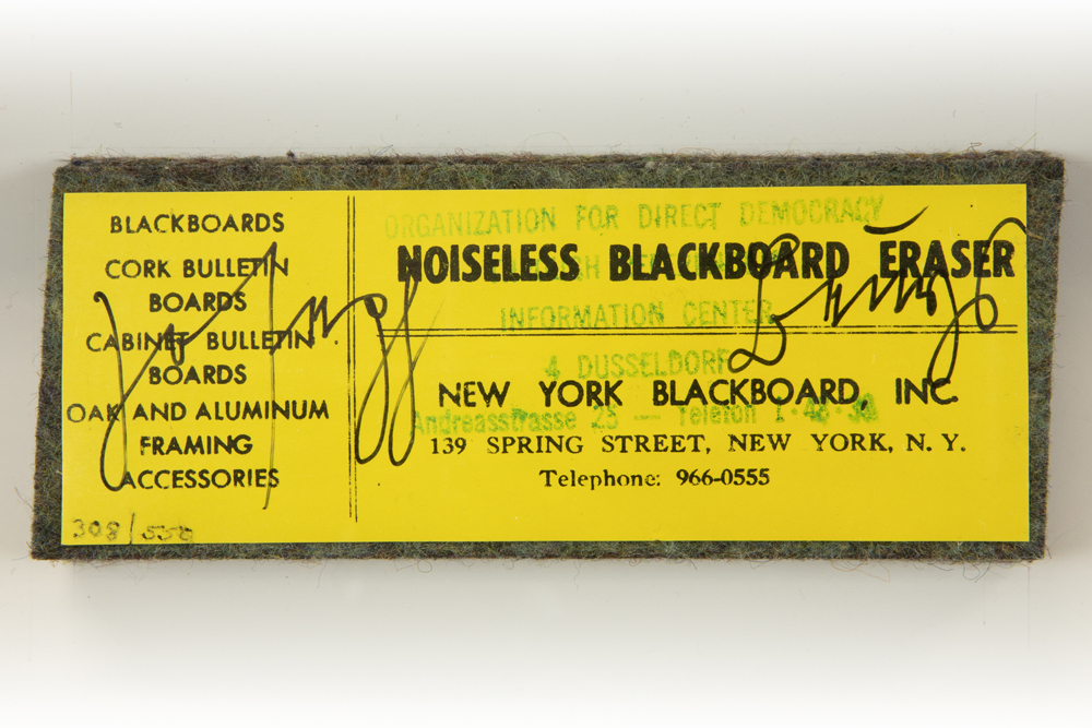 Joseph BEUYS (1921-1986)Felt blackboard eraser, stamped, signed and numbered Label yellow, typography black. Signed in felt pen in Sütterlin (prewar German) script; numbered in pencil by another hand2 × 5 1/10 × 1 in (5 × 13 × 2.5 cm)Edition of 550