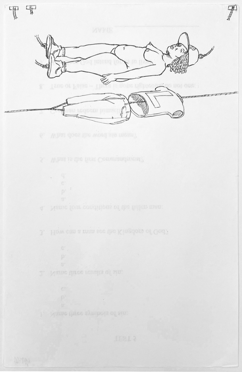 James “Yaya” HOUGH (b. 1974)Black ball point pen on reverse of religious studies english questionnaire (white)8 9/6 x 5 1/2 in (21,7 x 13,9 cm)Signed “YAYA” on the verso
