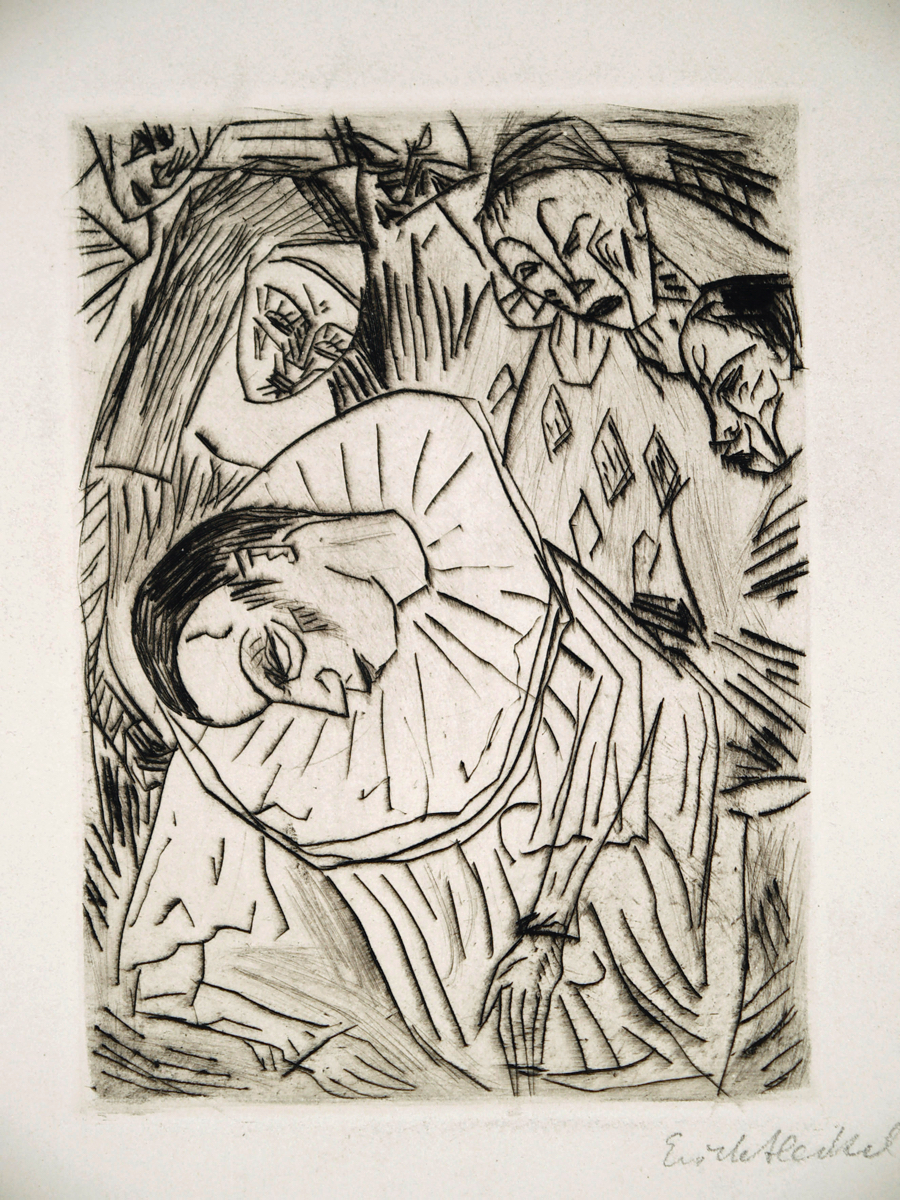 Erich HECKEL (1883-1970)Dying PierrotEtching on firm wove paper14 1/8 × 9 1/8 in. (35,9 × 23,2 cm)From an unknown editionSigned and dated on the lower right. Titled {quote}Toter Pierrot{quote} on the lower left paper margin and labelled {quote}Rad.{quote}
