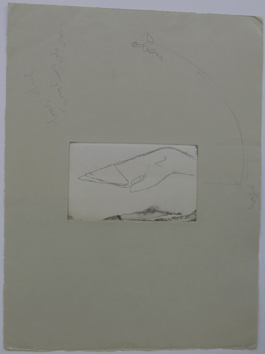 Joseph BEUYS (1921-1986)Etching on dun-colored paper, laid over gray handmade paper30 x 39,7 cmSigned upper left, twice inscribed ‘up,’ inscribed ‘otherwise good to print’Inscribed on the reverse ‘A’Print with the artist’s handwritten printing notes prior to the Edition of 75 + XXV + 10 APs + a few APsSquare format in the later editions, as here penciled by the artist; present print executed as portraitSchellmann 53r