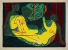 Ernst Ludwig KIRCHNER (1880–1938)Three Nudes in the Forest : fullColor woodcut on ribbed chamois Japanese laid paper. Print in black, red, light and dark green, ochre, orange and yellow One of approx. 27 known prints pulled by the artist Image size: 14 x 19 11/16 in. (35,5 x 50 cm) Paper size: 16 3/4 x 24 in. (42,5 x 61 cm) With the estate stamp and numbering “H Da/Bf9X” on the verso 