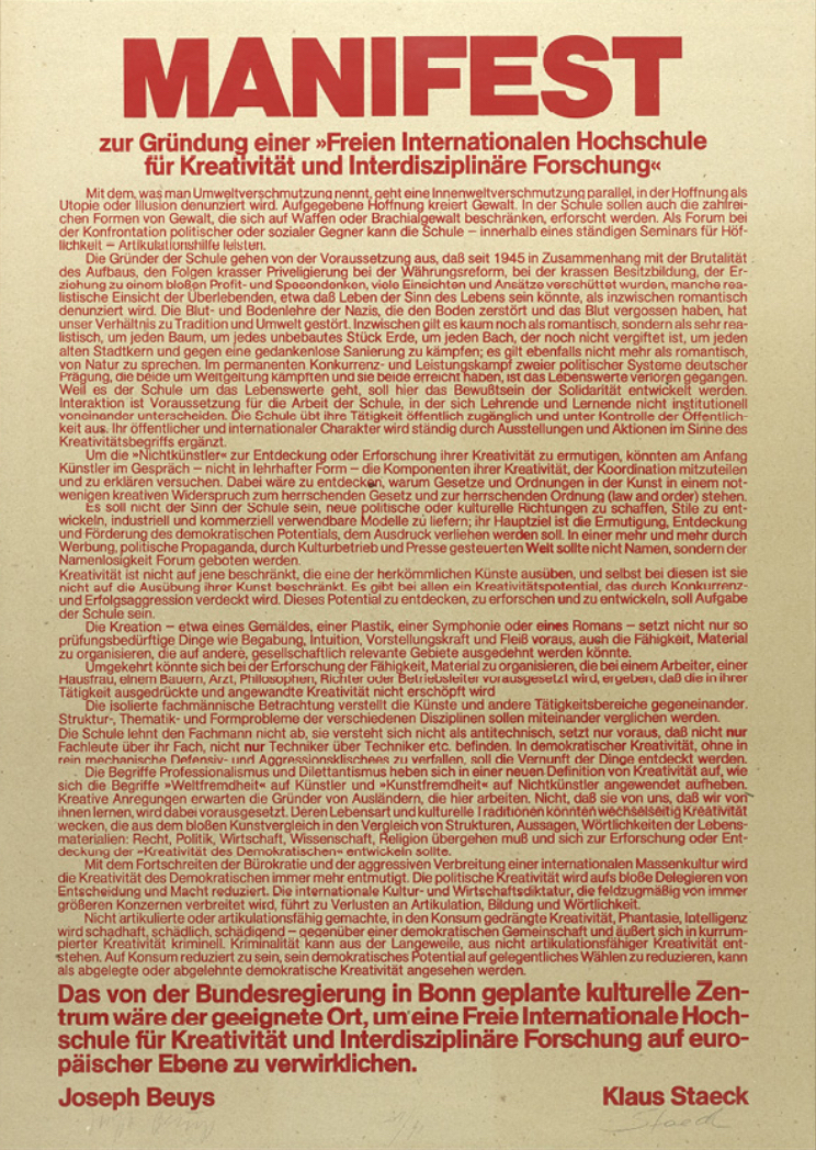 Joseph BEUYS (1921 - 1986)Silkscreen on gray cardboard. Printed in Red33 7/8 x 24 in (86 x 61 cm)Signed by Beuys and Staeck in pencil; numbered by Beuys 21/40Edition 40, signed by both authors, numberedPublisher: Edition Staeck, HeidelbergEdition produced in connection with the exhibition Stellungnahme (Kunstverein Bonn, 1979), in which numerous artists were asked to submit their suggestions for a planned Bundeskunsthalle (Federal Art Gallery).Please click HERE for full fact sheet