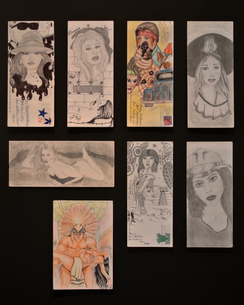 Benito FrancoGrouping of 8 Paños Envelopes*Framed size:  104,5 x 74,5 cmGraphite, colored pencil, pen and ink on stamped, franked envelopes1.  Lady with hat, approx. 24,2 x 10,5 cm (95 x 41 inches)2.  Inscribed “Dreaming of you”, approx. 24,2 x 10,5 cm (95 x 41 inches)3.  Inscribed “Low Rider”, approx. 24,2 x 10,5 cm (95 x 41 inches)4.  Lady with sombrero and rose, approx. 24,2 x 10,5 cm (95 x 41 inches)5.  Female nude, approx. 24,2 x 10,5 cm (95 x 41 inches)6.  Matchu Pitchu, approx. 24,2 x 10,5 cm (95 x 41 inches)7.  Lady with hat and cross, approx. 24,2 x 10,5 cm (95 x 41 inches)8.  Erotic Indian couple, approx. 18,5 x 12,5 cm (73 x 49 inches)*Chicano inmates use hand-decorated envelopes in color or black and white to mail letters and paños (prisoner folk art made on a handkerchief). Demand for these envelopes can provide a profitable business for a convict skilled in drawing.Please click here for a comprehensive essay on paños by Martha V. Henry.  