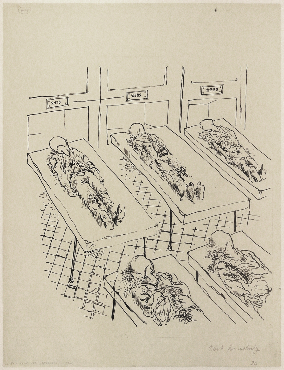 George GROSZ (1893-1959)Reed pen and pen and ink on paper59,3 x 46 cmAnnotated lower left “Obit for nobody/26” lower right and “to Ben Hecht 1001 Afternoons in New York 1941”Stamped on the reverse “GEORGE GROSZ NACHLASS” and numbered 4-49-10PROVENANCEThe Estate of George GroszLITERATUREBen Hecht, 1001 Afternoons in New York, illustrated p. 57, New York, 1941Juerg M. Judin (Ed.), George Grosz. Die Jahre in Amerika 1933-1958, cat.-no. 51, illustrated p. 153, Ostfildern, 2009EXHIBITIONGeorge Grosz. Berlin-New York, Tra Visioni e Reality, Academie de France a Rome, Villa Medici, Rome, 8 May – 15 July 2007George Grosz. Die Jahre in Amerika 1933-1958, Nolan Judin, Berlin, 18 February – 25 April 2009, with venue in David Nolan Gallery New York , 16 September – 31 October 2009AUTHENTICATIONThis work will be included in the forthcoming catalogue raisonné of works on paper by George Grosz in preparation by Ralph Jentsch, managing director of the George Grosz Estate.
