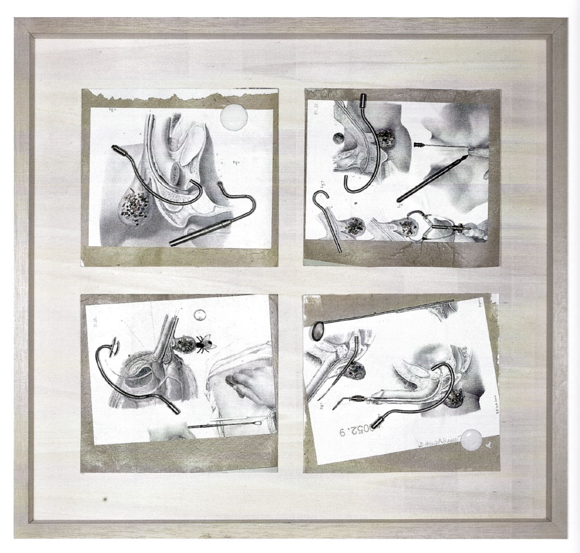 Daniel SPOERRI (b. 1930)Rahmen 55 x 58,5 cmGruppe von vier Assemblagen mit den Originaldrucken. In der unteren rechten Assemblage signiert.