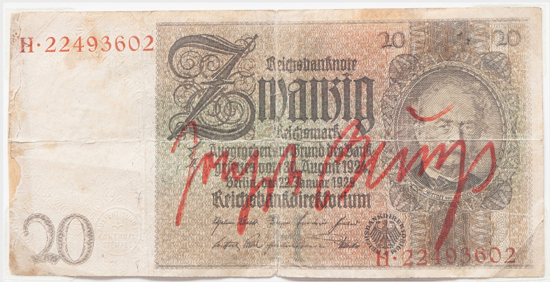 Joseph BEUYS (1921 - 1986)20 Reichsmark from 1924, with handwritten addition3 1/8 x 6 ¼ in (8 x 15,9 cm)Signed in red felt {quote}Joseph Beuys{quote}This work is uniquePlease click HERE for full fact sheet
