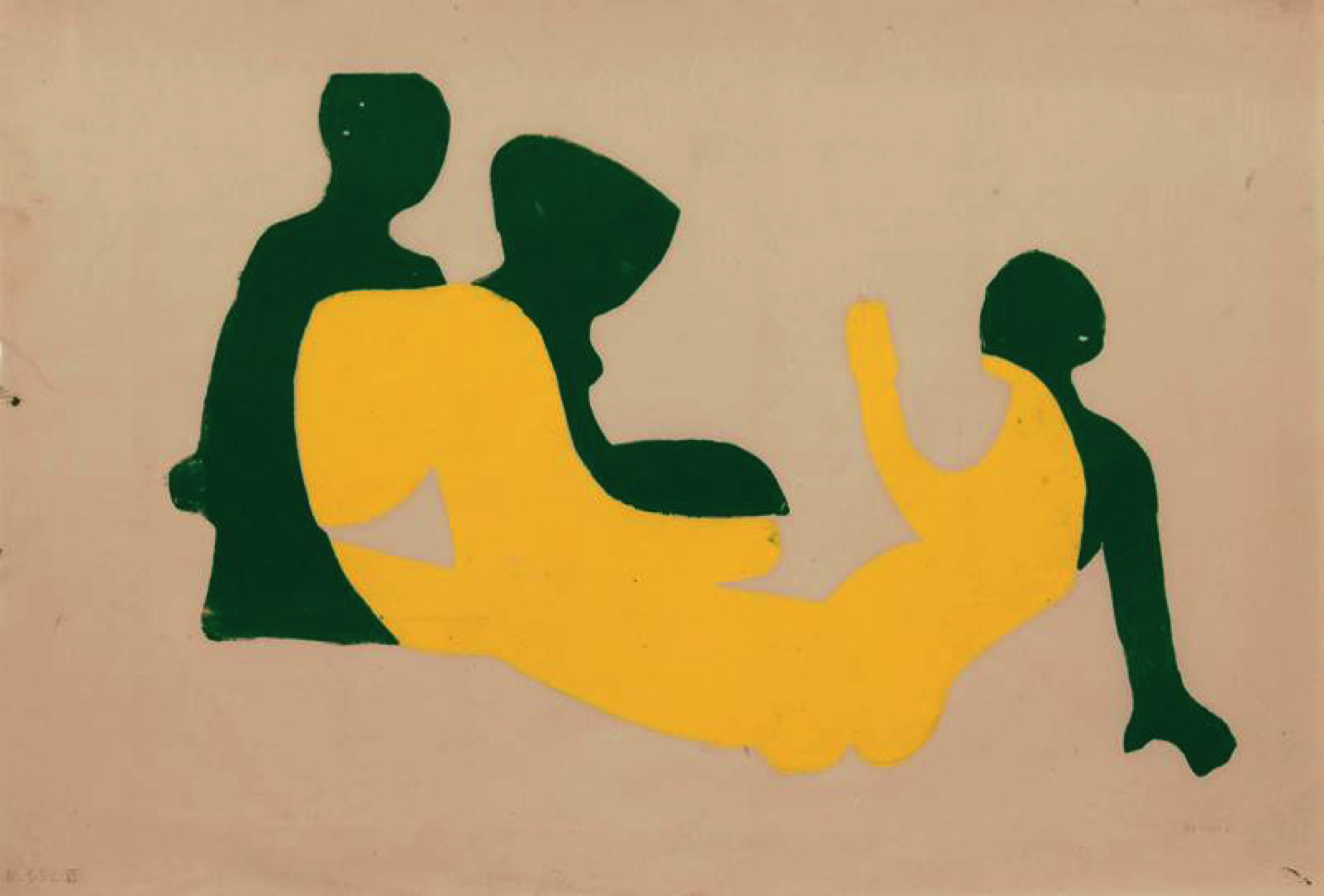 Ernst Ludwig KIRCHNER (1880–1938)Three Nudes in the Forest : empty Color woodcut on chamois China laid paper.Trial print in yellow and dark green alone. One of approx. 27 known prints pulled by the artist.20 ½  x 24 7/16  in (52 x 62 cm)With the estate stamp and numbering “H Da/Bf 9 VI” in ink and {quote}K 5622{quote} in pencil on the verso 