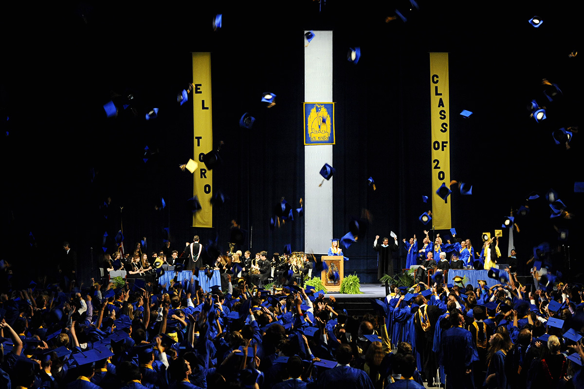 El Toro High School's 2011 senior class is celebrating their official graduation ceremony by throwing their caps after Principal Mucerino announced the official end of their high school careers on Tuesday, June 21, 2011 at the Bren Center in Brea, Calif. 