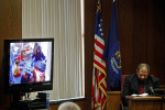 Anthony Springer looks down and becomes emotional as defense attorneys show a DVD of recordings of Calista at different points in her life, from Christmas morning opening gifts with her family to pool parties and at a skating rink with her father.Anthony Springer testified that only after Calista was able to “defeat” other restraints, including a belt and bed alarm, did he start using a dog choke chain to keep her in bed, beginning two to three days before the fire.