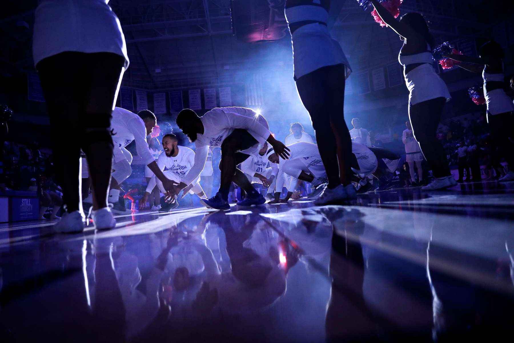 Hampton University basketball players cheer during player introductions before the start Saturday's game against High Point University February 16, 2018. 