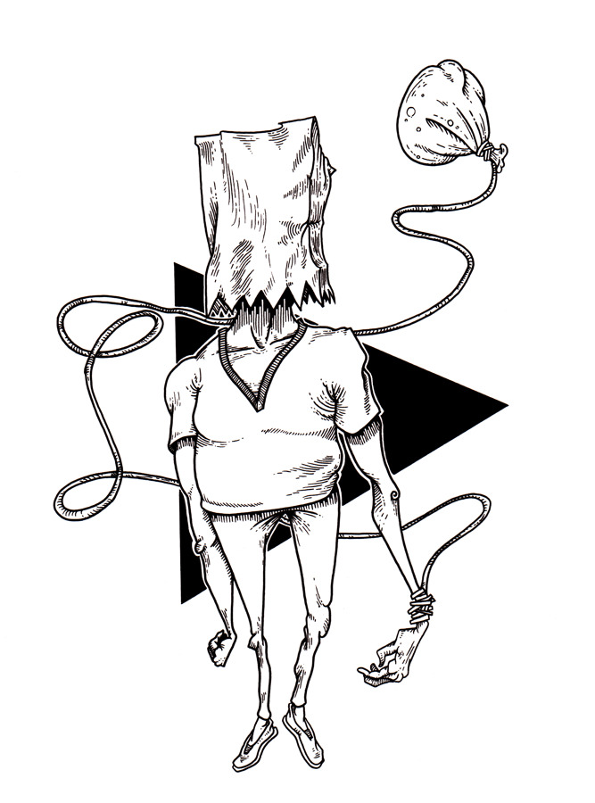 A black and white drawing of a person in a v-neck shirt with a balloon tied to his wrist and a bag over his head.