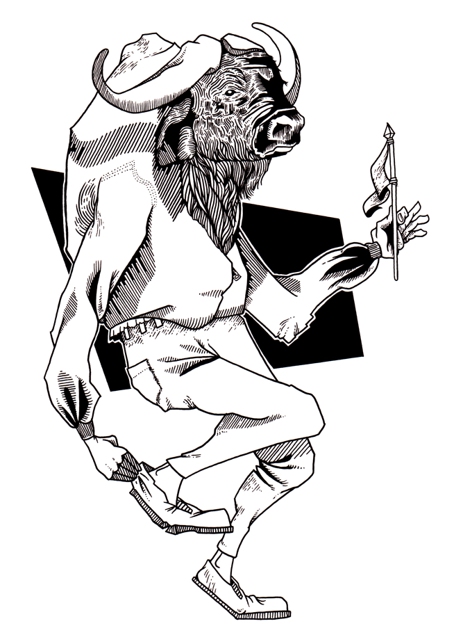 A black and white drawing of a bison wearing a hoodie and pants, holding a flag in one hand while fixing his shoe with the other hand.