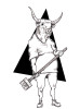 A black and white drawing of a longhorn bull in a t-shirt, pants, and work shoes holding a broom.