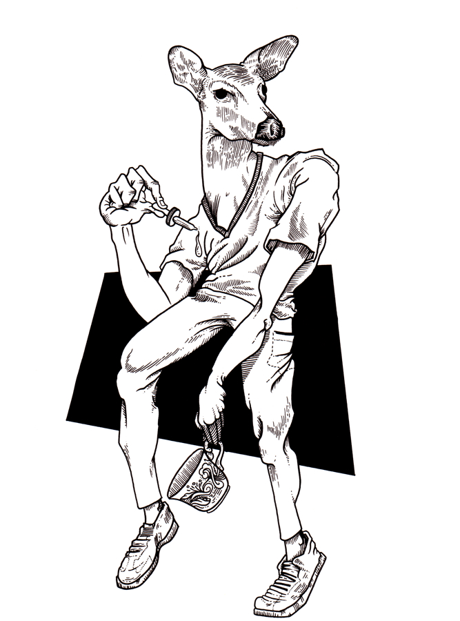 A black and white drawing of a deer wearing a v-neck shirt, pants and shoes, with a droplet in one hand and a tea cup in the other.