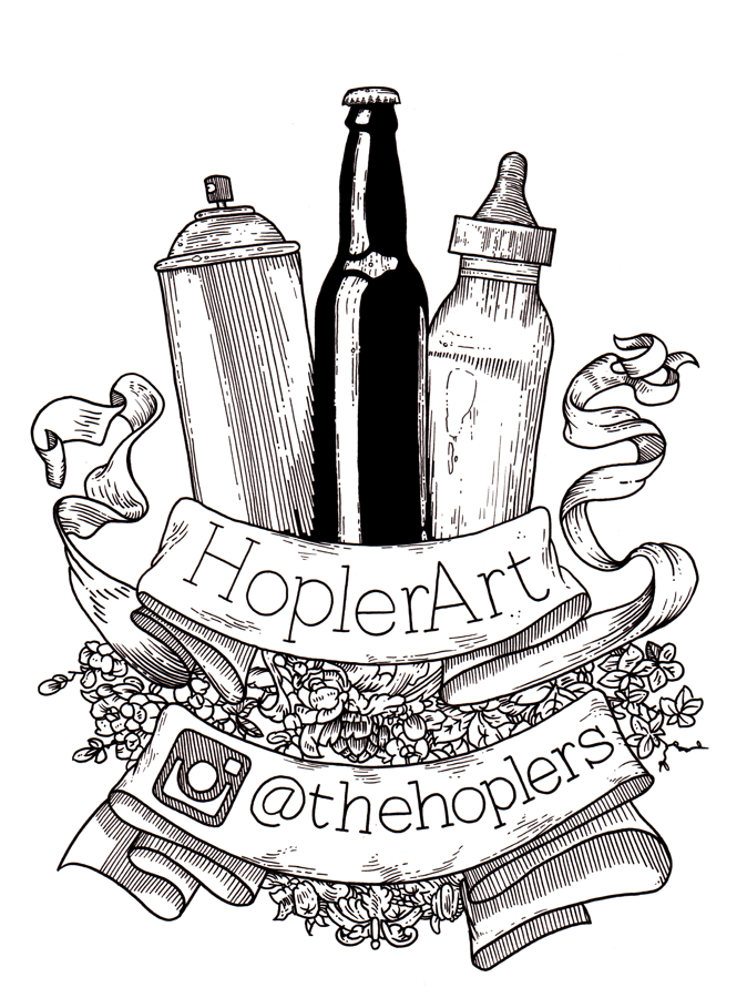 spray paint bottle, beer bottle, baby bottle with a banner that says, {quote}HoplerArt{quote} and {quote}@thehoplers{quote}
