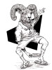 A black and white drawing of a ram wearing a polo shirt, shorts, and socks with sandals. The ram is throwing a frisbee between his legs.