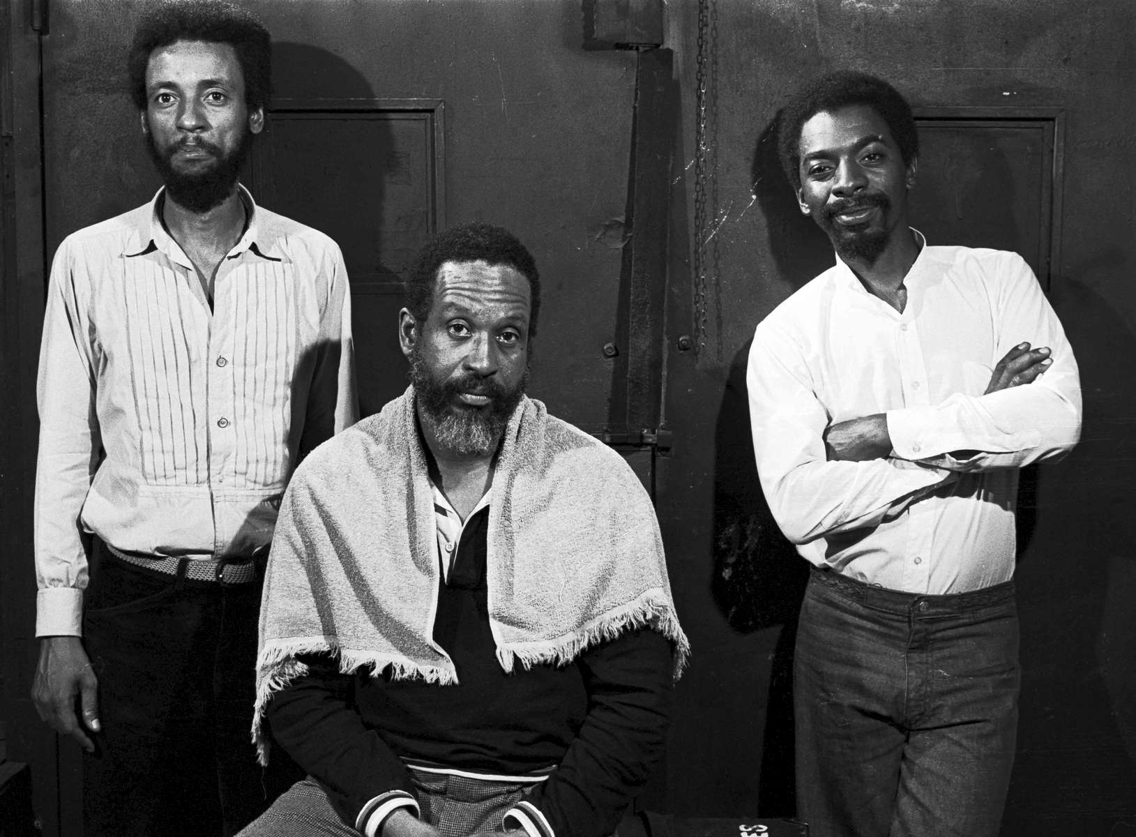 The Air Trio after a performance in Greenwich Village. Left tor Right: reedist Henry Threadgill, percussionist Steve McCall, bassist Fred Hopkins. Photo by Ozier Muhammad