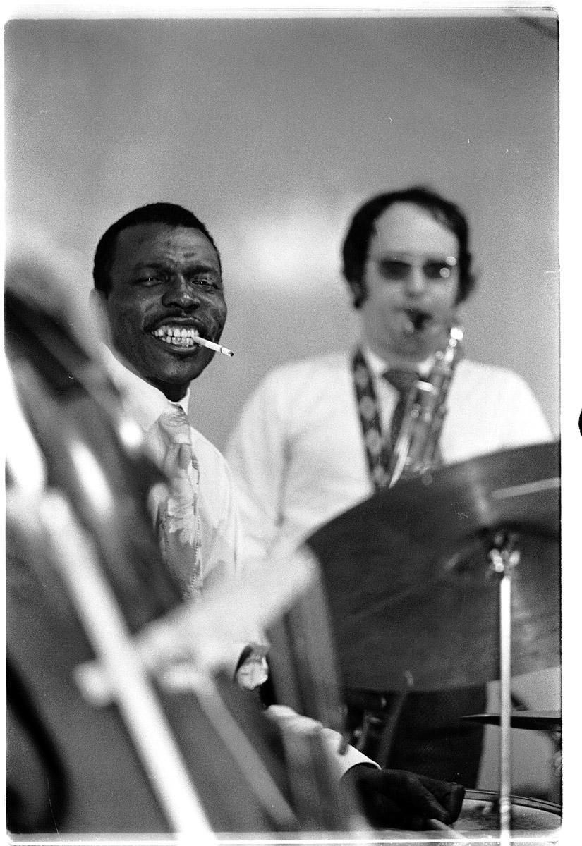Jazz drummer Elvin Jones performs with his quintet at the Jazz Showcase, located in the I.W.W. Hall. Other noted members of his quintet at the time were Frank Foster and Joe Farrell.