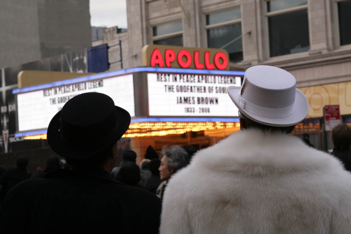 December, 28th, 2006 - People stood outside the Apollo Theater as a memorial service took place inside a few days after James Brown died on Christmas day 2006.