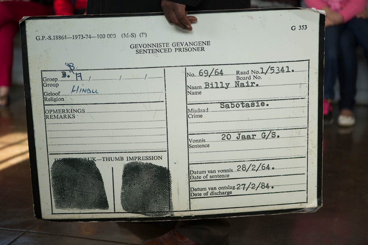 07-05-2013 - A file card indicates charges South Africa's Apartheid Government brought against this prisoner. Billy Nair was charged with Sabotage. 