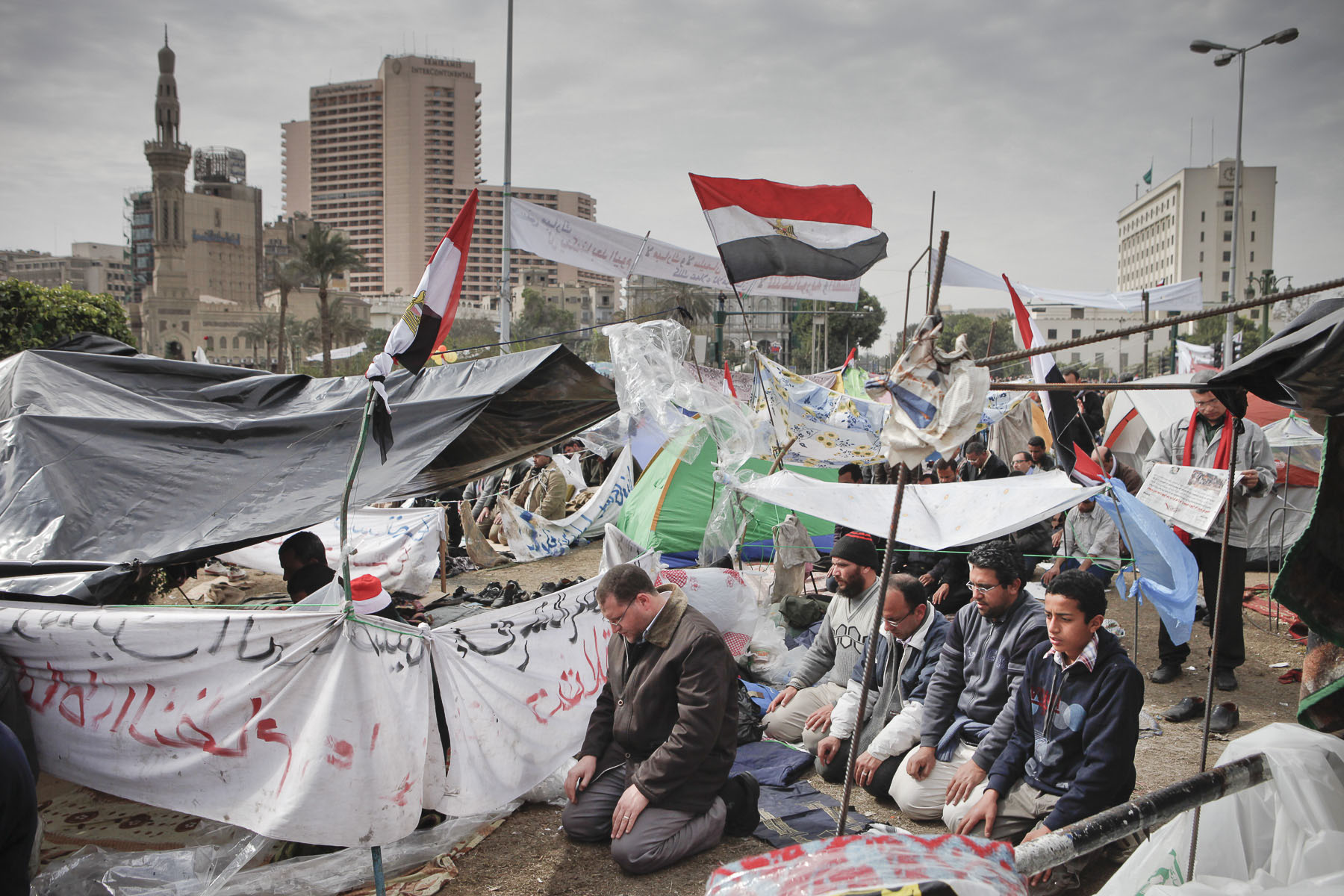 Anti-President Mubarak's demonstrators pray on Tahrir Square on Saturday February 5 2011
