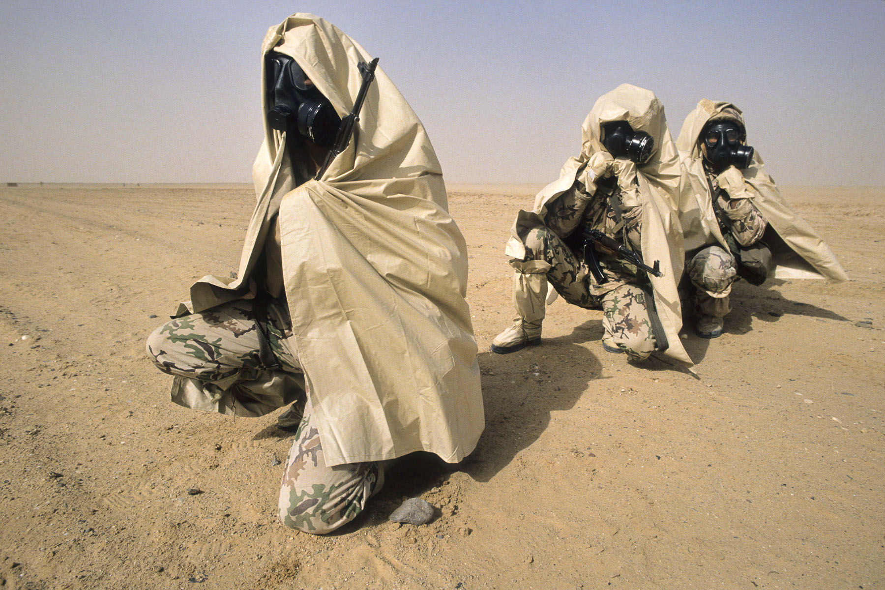 Egyptian soldiers wearing a gas mask during a chemical warfare exercise in January 1991