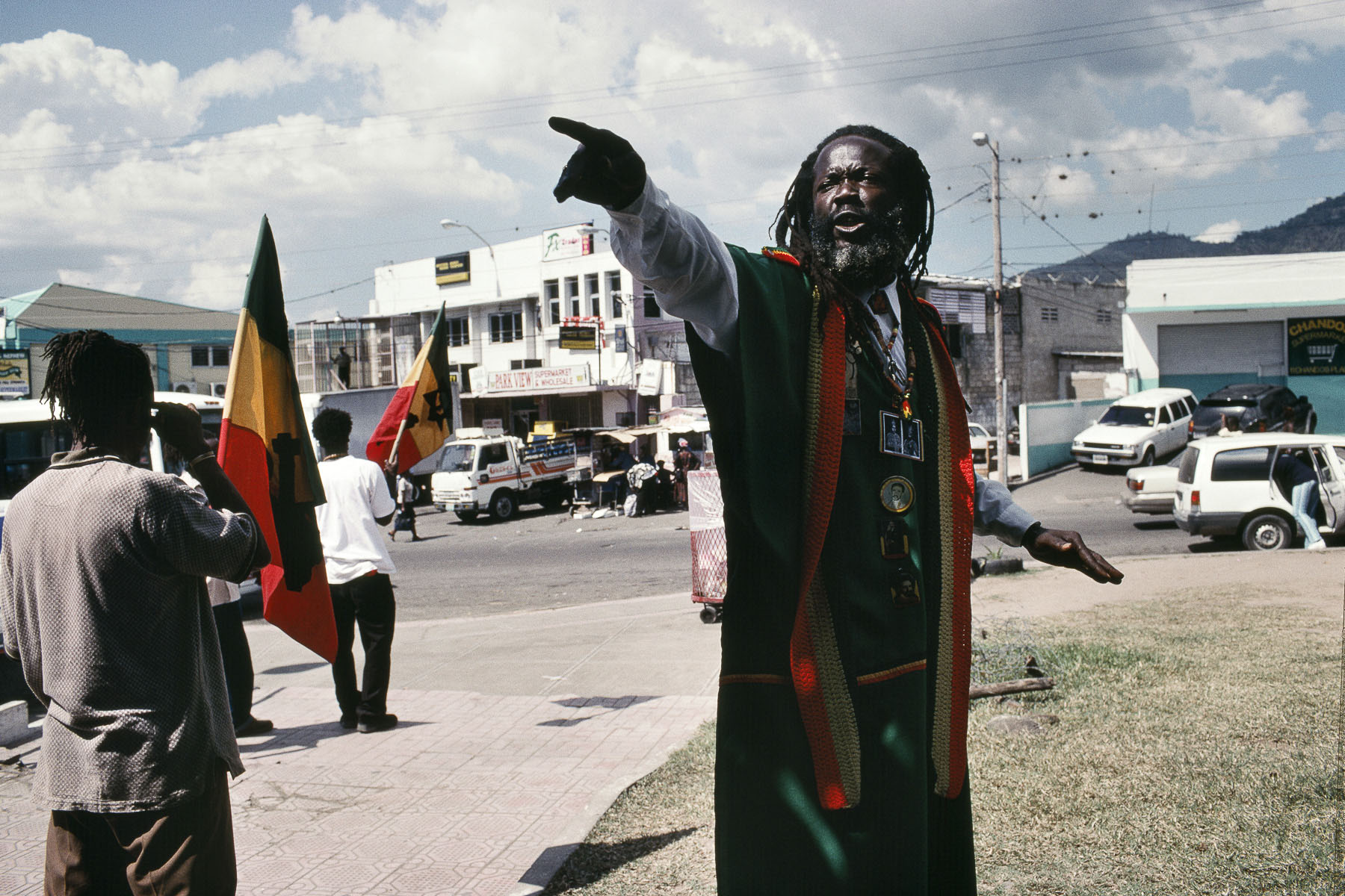A leader of the Nyabinghi Rasta movement preaching during a ceremony in January 2001
