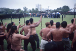 Maoris perform a haka, during a powhiri, traditional Maori welcoming ceremony before funeral in May 2000