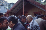 Maori men exchange a hongi, traditional Maori greeting during a powhiri, welcoming ceremony at Victoria University marae in May 2000