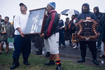 Maoris show trophies during a powhiri, traditional Maori welcoming ceremony before a funeral in May 2000