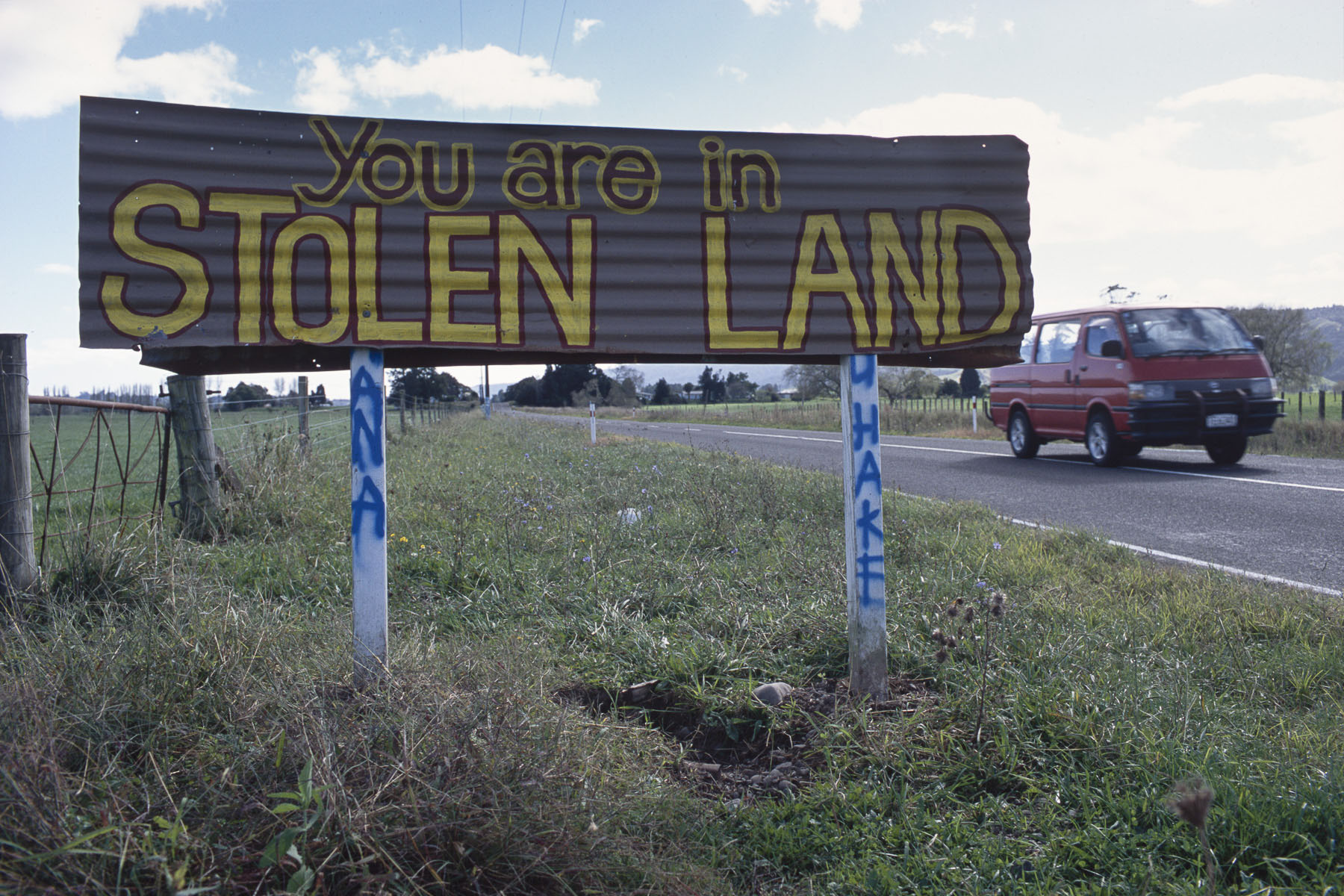 Territorial claims signs posed by Maori radical activists in May 2000
