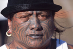 Tame Iti, a radical Maori activist shows his real moko, a full facial traditional tattoo during a Maori culture folk arts festival in May 2000