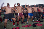 Maoris rugbymen perform haka, a traditional Maori war dance, after a rugby game in May 2000