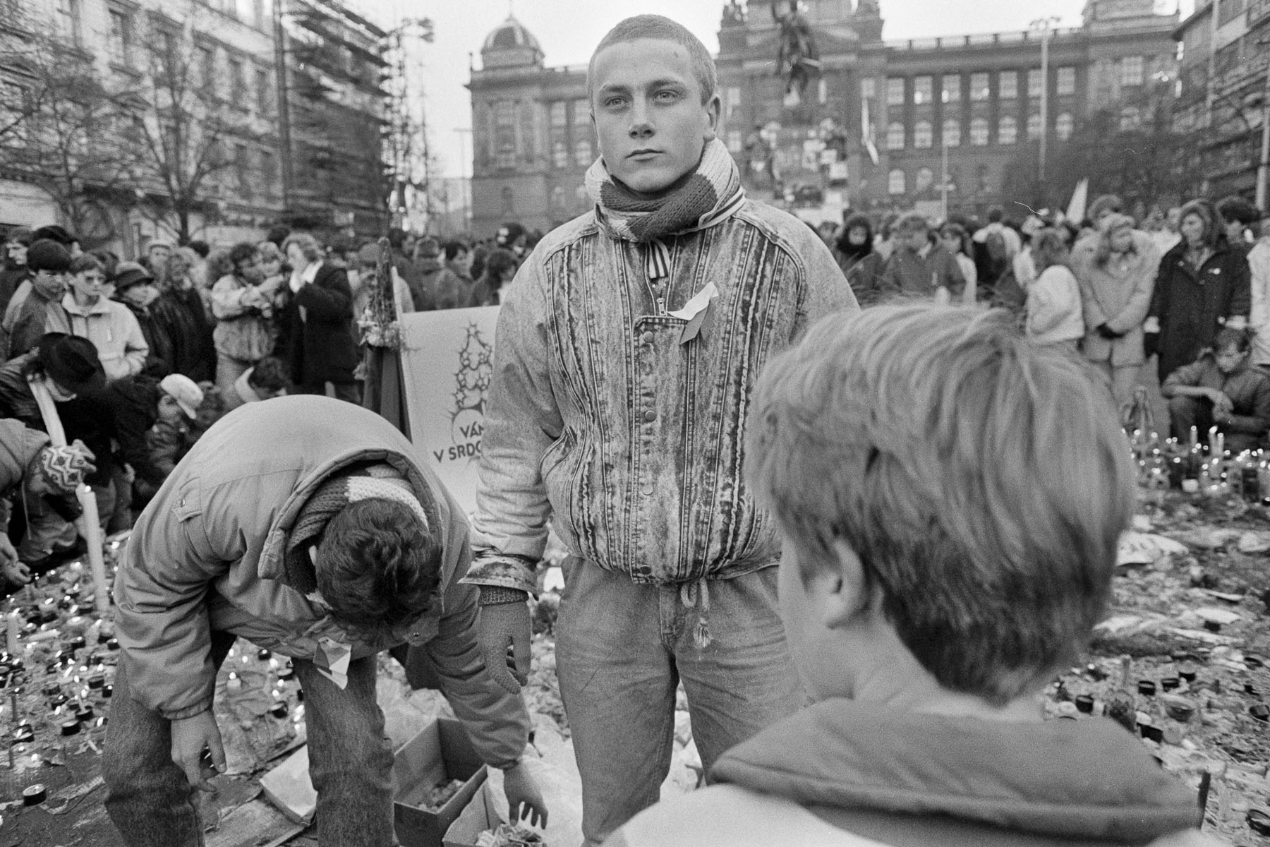 Prague inhabitants join in the daily demonstration on Venceslas Square in November 1989