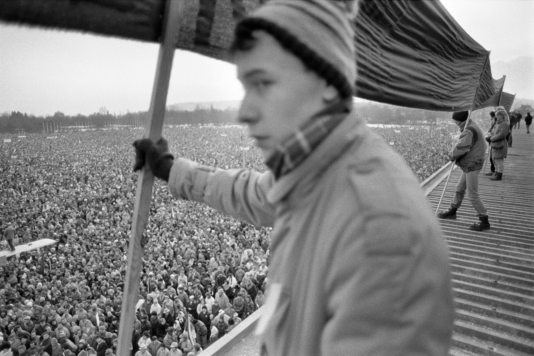 A demonstration gathers 500,000 people in protest against the communist government on Letna Plain on November 25, 1989