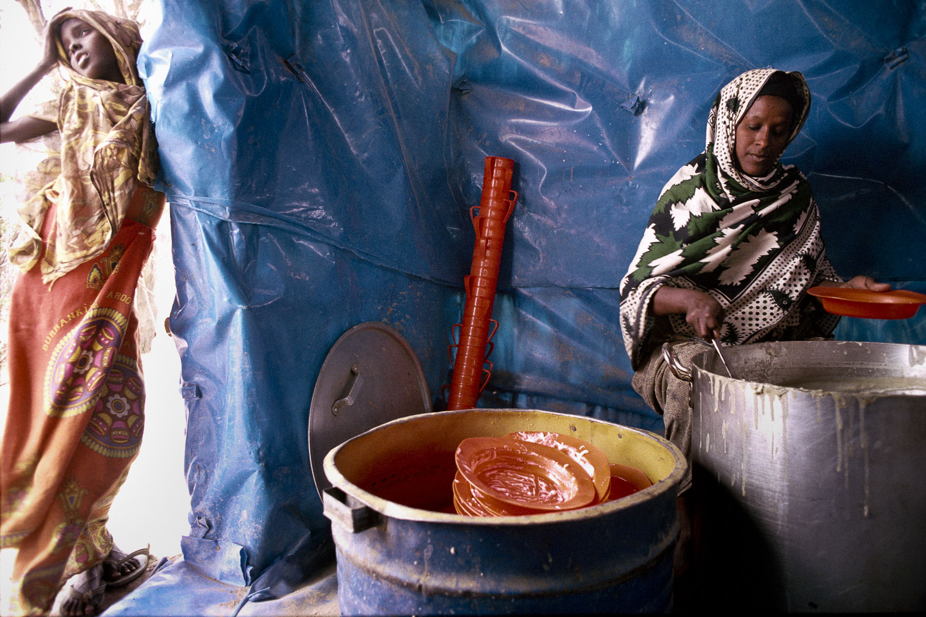 Kitchen in Somali refugee camp in Hagadera in July 1992