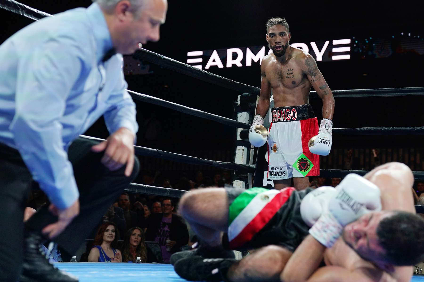 Minneapolis' Jamal James reacted after he knocked out his opponent Mahonry Montes in the welterweights class during the Premier Boxing Champions at The Armory in Minneapolis.