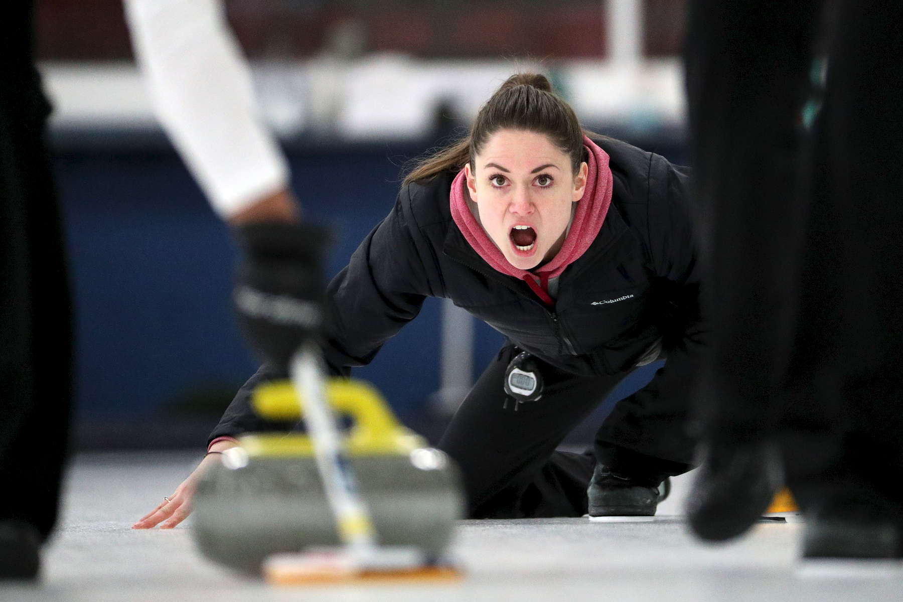Curler Jamie Sinclair shouted directions as she practiced with teammates Vicky Persinger and Monica Walker at the Four Seasons Curling Club, the official U.S. Olympic training site, in Blaine, Minn.