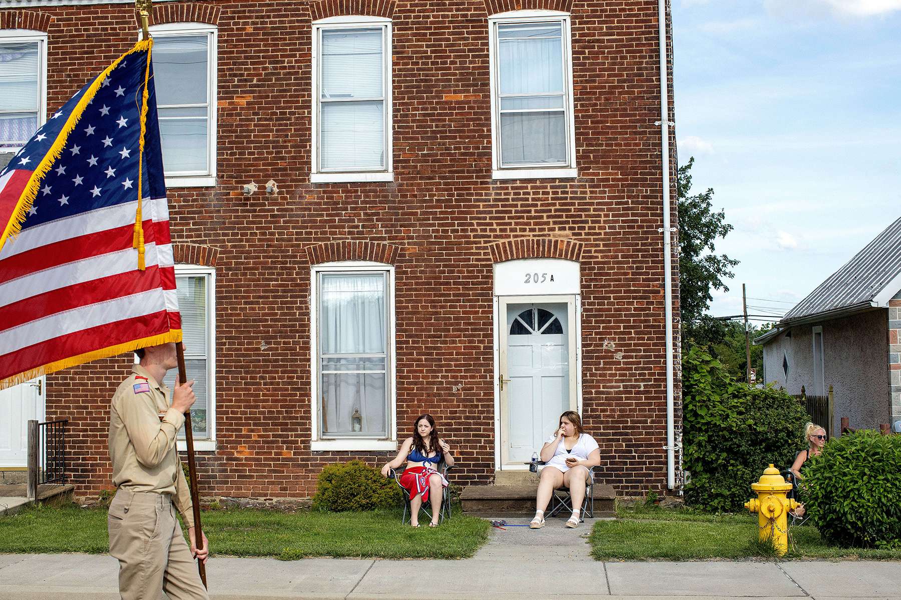 A local Boy Scouts troop walks through town during the Emmitsburg Community Heritage Day in Emmitsburg, Maryland on June 26, 2021. It was a full day of activities including field games, a parade and fireworks. The annual parade had returned to town that year after being cancelled due to the Covid-19 pandemic. 