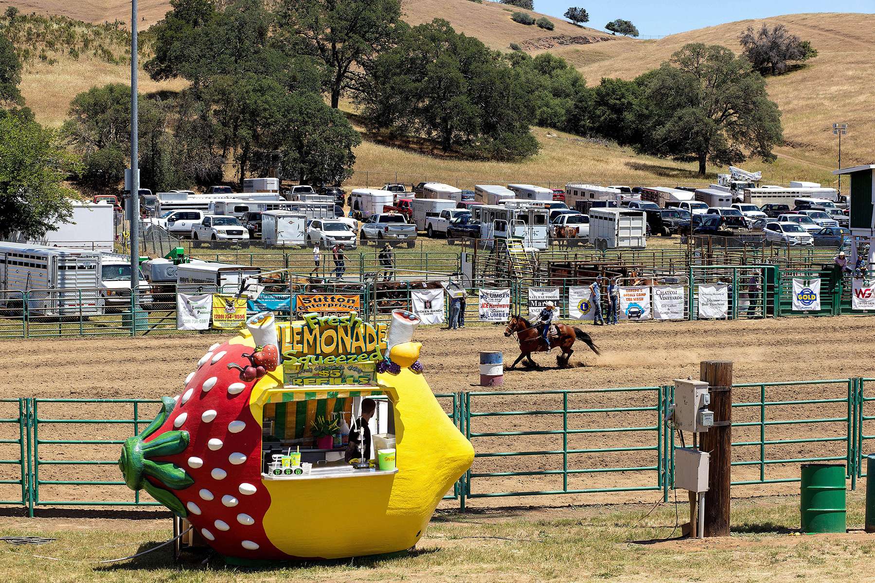 A competitor in the barrel racing portion of the “Buckaroo” contest, a rodeo for participants under 18-years-old, races around the ring during the Calaveras County Fair & Jumping Frog Jubilee at the Calaveras County Fairgrounds in Angels Camp, California on May 20, 2022. Fair organizers claim their event is one of the longest running events in the state of California with its earliest roots in 1893.