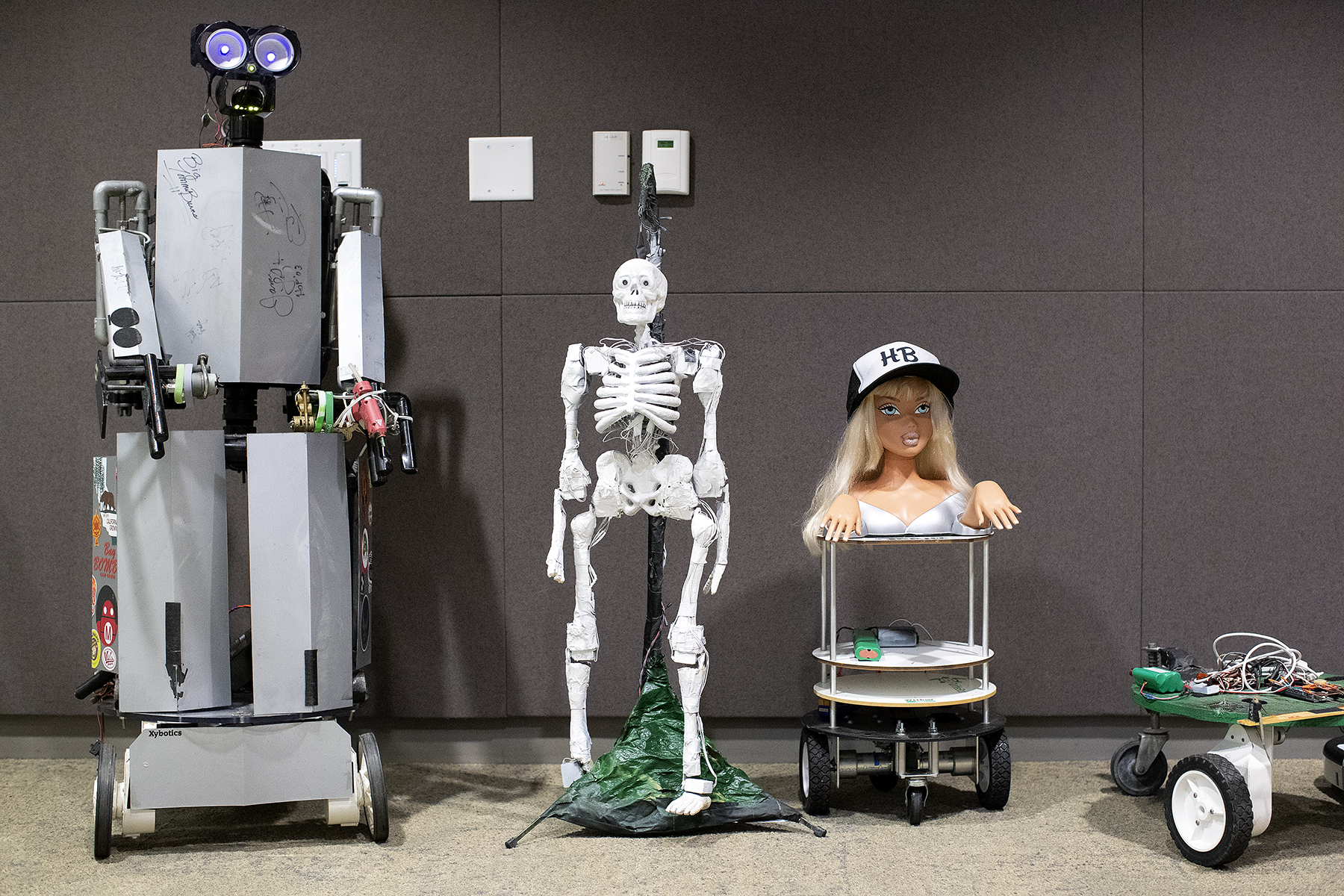 Robots are seen lining the wall during a meeting of the HomeBrew Robotics Club, in a room donated for use by Google on their campus, during the club's monthly meeting in Mountain View, Calif., on Wednesday, June 27, 2018. During this phase of the challenge the robot had to go from one end of the table to the other and back. The club of robot enthusiasts meets once a month. The HomeBrew Robotics Club grew out of what was the original HomeBrew Computer Club, which was very important in the history of the development of personal computing. The meeting was a special {quote}bot challenge{quote} meeting where members bring robots that can they can use to try to complete one of several challenges. The bot challenge meetings serve to encourage members to work on robots. CONTACTS: Osman Eralp (club president) osmaneralp@gmail.com