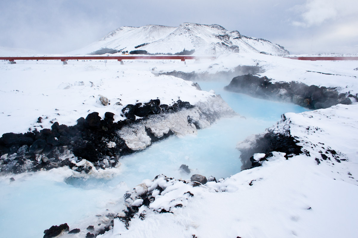 Svartsengi geothermal power plant in Grindavik, Iceland. After passing through a heat exchanger to provide municipal hot water, the plant's wastewater is fed into the Blue Lagoon, a spa and major tourist attraction.