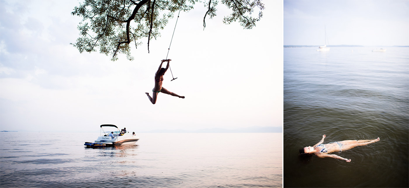 Rope swing in Burlington over Lake Champlain and floating in the lake, summer, by Vermont photographer Monica Donovan.