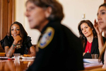 Oakland Mayor Libby Schaaf joins a youth led community roundtable discussion organized by Mya Whitaker, far left, of the Bay Area Urban Debate League on Thursday, June 22, 2017 in City Hall in Oakland, CA. Joining them are Police Chief Anne Kirkpatrick. They discussed issues ranging from police misconduct to summer jobs for students.