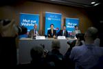 September 01, 2014 - Berlin, Germany: Frauke Petry (L), lead candidate for the AfD (Alternative fuer Deutschland, or Alternative for Germany) political party in recent Saxony state elections, speaks to the media with Bjoern Hoecke (C), AfD lead candidate in Thuringia, the day after the AfD won an unexpected 9.7% of the popular vote in Saxony state elections. The party, which is presenting itself as right of center, Euro skeptic is developing itself as a significant player on the German political landscape.  (Hermann BredehorstPolaris)
