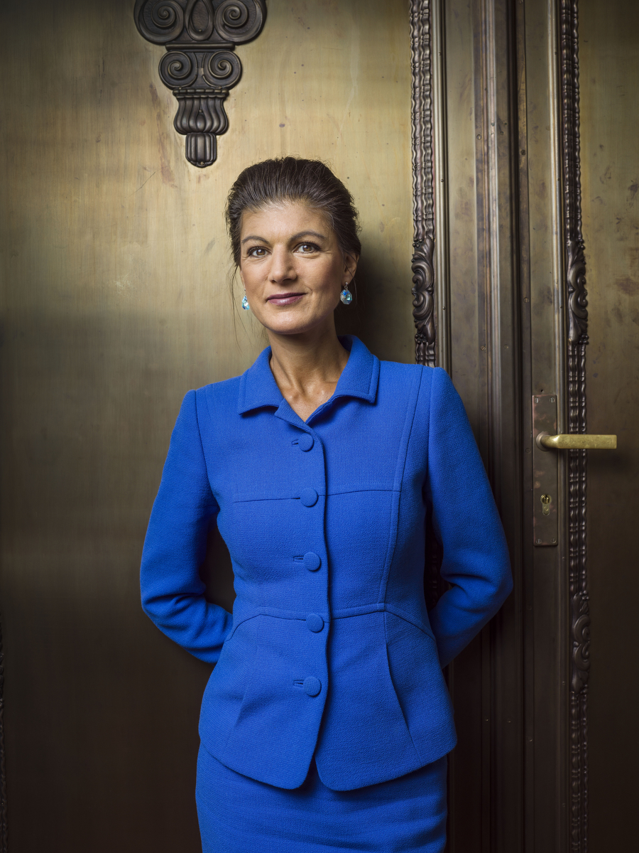 March 14, 2019 - Berlin, Germany: Sahra Wagenknecht, Bundestag faction leader of Die Linke political party, and co founder of a new left-wing political movement called 'Aufstehen' ('Stand Up') stands in front of a golden door.Wagenknecht recently decided after a longer illness to step back from both positions shortly.Special Fee, Exclusive(Hermann Bredehorst/Polaris)