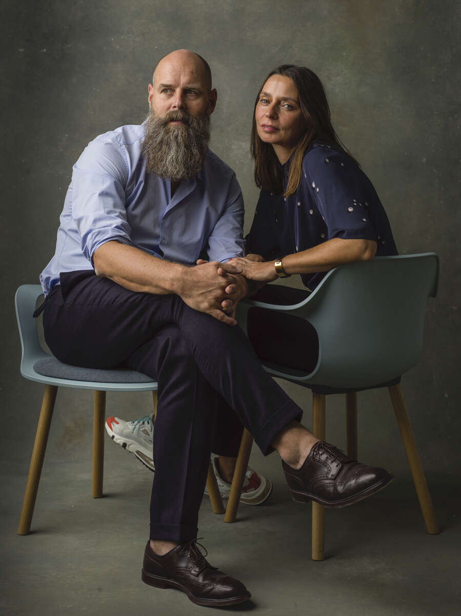 September 18, 2019 - Berlin, Germany: Silke and Holger Friedrich, German entrepreneurs, tech millionaires and new owner of centre-left daily Berliner Zeitung pose prior to an interview.Weeks after this picture was taken the newspaper has been forced to launch an investigation into its new owner after it was revealed by other media that he had been an informer for the East German secret police, the Stasi.  (Hermann Bredehorst/POLARIS)