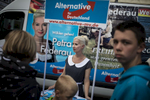 August 19, 2016 -Schwerin, Germany: Petra Federau local AfD politician takes part as Bjoern Hoecke, head of the Alternative fuer Deutschland political party (Alternative for Germany, AfD) in Thuringia and Leif-Erik Holm, lead candidate for the AfD in Mecklenburg Western Pomerania agitate a small crowd at an AfD party rally. The anti-immigration party is surging after Germany took in most of the more than 1 million refugees who arrived in the European Union last year. The party’s rise is narrowing coalition-building options for Germany’s established parties and threatens the status quo nationwide. Polls suggest the AfD will win up to 19% of the votes in this east German state of Mecklenburg-Western Pomerania, where Germanys Chancellor Merkel has her electoral district. 
