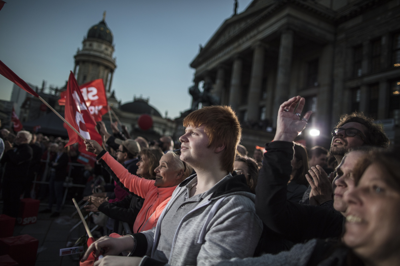 September 22, 2017 - Berlin, Germany:  Supporters hold placards and wave flags as they listen to    Martin Schulz, the  Social Democrats Party (SPD) leader and candidate for Chancellor speaking  during an election campaign rally of the SPD party at Gendarmenmarkt square. Germany goes Germany goes to the polls for parliamentary elections on September 24, 2017. (Hermann Bredehorst/ Polaris)